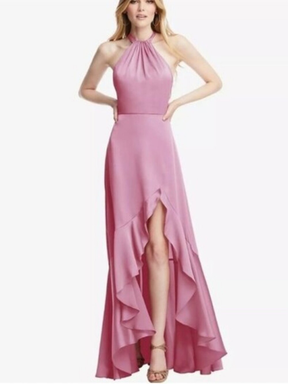 Social Bridesmaids Tie Neck Halter Maxi Dress XS New Pink Formal Bridesmaid